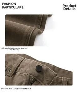 Close-up of premium brown cotton denim fabric texture and durable waist metal button