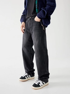 Retro vintage washed lightning pattern loose straight-leg denim jeans for men