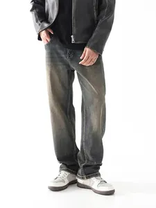 Jeans Homme Coupe Droite Délavé Vieilli Ample Vintage High Street Pantalon en Denim Classique Pantalon Long pour Homme