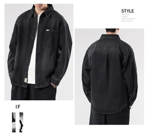 Detailed front and back view of oversized black washed denim jacket with metal buttons