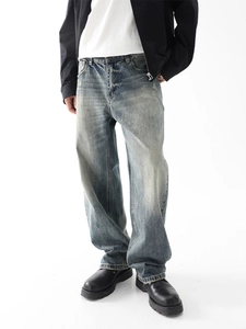 Jeans da uomo larghi stile rétro American High Street in denim azzurro lavato
