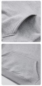 Detail view of the gray hoodie showing the kangaroo pocket and ribbed hem stitching