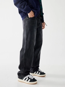 Men's high street vintage washed straight-leg denim jeans in black with loose fit style