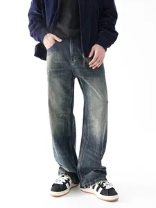 Jeans in Denim Blu Lavato Vintage da Uomo Streetwear Americano Distressed Vestibilità Ampia Gamba Larga Pantaloni Casual Cotone