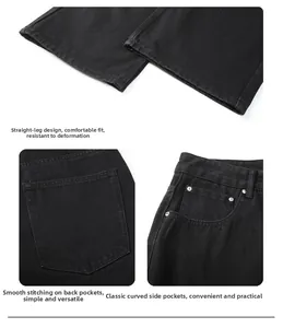 Detailed views of black denim jeans showing straight leg hem and flat stitching