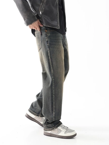 Jean vintage délavé pour homme coupe droite décontractée avec finitions gris froid