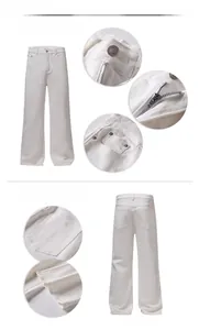 Detailed views of white flared denim jeans featuring metal buttons and reinforced stitching