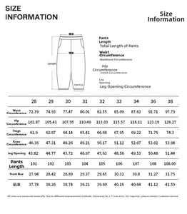 Size chart for cream white splash ink pants with measurements for sizes 28-38