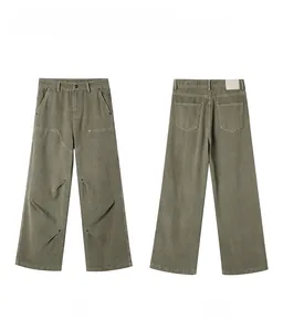 Front and back view of men's loose work pants with unique arc patchwork and knee pleats