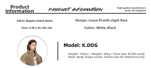 Size chart and fabric details for white stretch flared jeans in a relaxed A-line fit