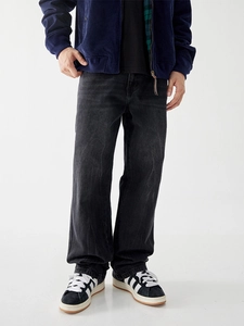 Men's retro wash lightning pattern denim jeans in relaxed fit wide leg style