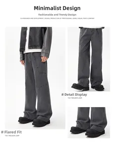 Detail view of washed dark grey flared cargo pants with structured side stitching