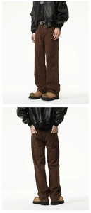 Detail view showing front and back of loose fit straight leg coffee brown cotton jeans