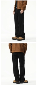 Close-up of premium black straight-leg denim jeans for men with cleanfit silhouette