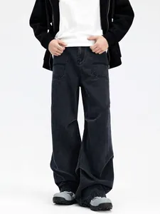 American Streetwear Men's Loose Baggy Jeans Patchwork Retro Washed Straight Leg Denim Pants Hip Hop Wide Leg Trousers