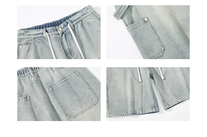 Detail view of denim shorts with elastic drawstring waist and large square utility pockets