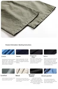 Detail of olive cargo pants texture with comprehensive fabric care and washing guide