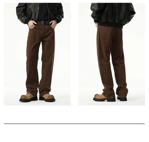Front and back view of brown loose straight-fit cotton jeans with vintage distressed details