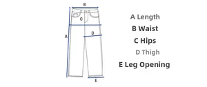 Size chart showing waist, hip, and length measurements for white flared jeans