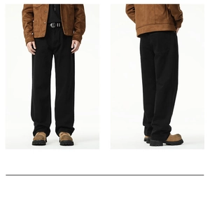 Front and side view of men's wide-leg black denim trousers with a relaxed straight fit