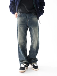 Jeans da uomo a gamba larga vintage in denim lavato con stile casual americano e strappi
