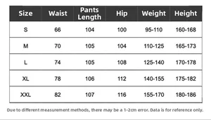 Detailed size chart for vintage cargo pants showing waist, hip, and length measurements