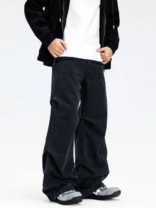 Men's street style black wide-leg denim pants with unique knee slits and side slit design