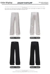 Detailed views of American high street black and white flared denim jeans front and back