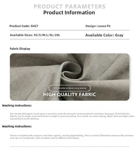 Detailed size chart and washing instructions for gray loose fit multi-pocket cargo pants