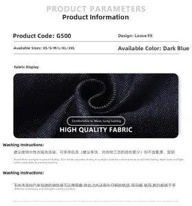Macro texture of deep blue denim fabric with detailed garment care instructions