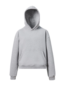 Relaxed fit gray pullover hoodie with a large kangaroo pocket and ribbed sleeve cuffs