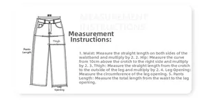 Guide des tailles pour jeans indiquant la taille, les hanches, les cuisses et la longueur