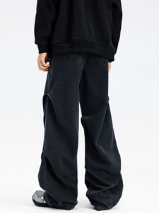 Men's street style black wide-leg denim cargo pants with distressed wash finish