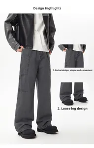 Detail view of multi-pocket cargo pants featuring washed fade and loose fit leg design