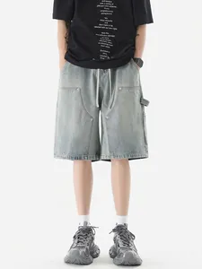 Men's Vintage Washed Denim Cargo Shorts Loose Straight Leg Elastic Drawstring Waist Multi-Pocket Streetwear Mid Shorts