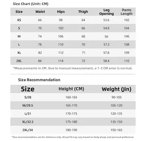 Detailed size chart for multi-pocket cargo pants showing measurements from XS to 2XL sizes
