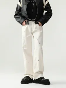 Men's Off White Splash Ink Distressed Straight Leg Jeans 100% Cotton Minimalist Streetwear Casual Denim Long Pants