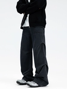 Men's dark grey oversized straight-leg jeans with parachute seam stitching and washed denim