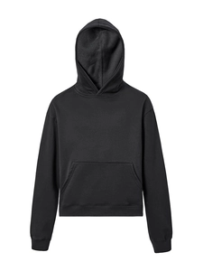 Classic black hooded sweatshirt with front kangaroo pocket and ribbed cuffs