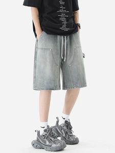 Men's light blue vintage washed denim cargo shorts with drawstring waist and large pockets