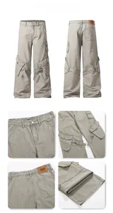 Detail display of light gray multi-pocket cargo pants with ribbons and leather jeans patch