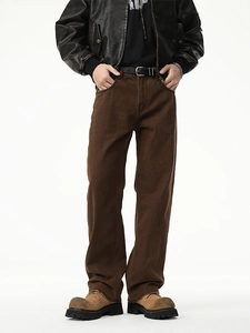 Retro loose straight brown cotton denim jeans for men with vintage street style