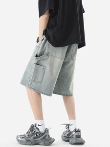 Vintage washed gray cargo denim shorts with elastic waist and large side pockets for men