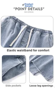Détails du jean bleu clair avec taille à cordon, poches latérales et ourlet large