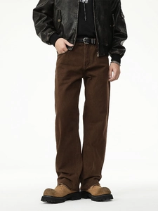 Retro brown distressed straight cotton jeans for men in high street vintage style