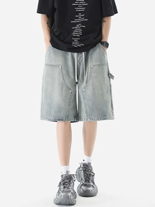 Men's light blue washed vintage carpenter denim shorts with white drawstring waist