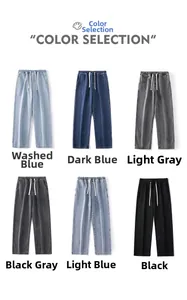 Détail montrant un jean droit large en six couleurs délavées du bleu au noir