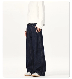 Close-up of deep blue wide-leg denim jeans featuring contrast yellow stitching details