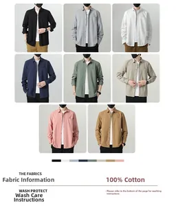 Detail view of 100% cotton long-sleeve men's shirts featuring classic collar and single pocket