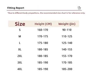 Detailed men's cotton jacket size chart showing height and weight guide from S to 4XL
